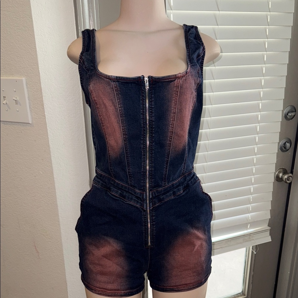 Fashion Nova Dark Blue and Pink Jean jumpsuit Shorts